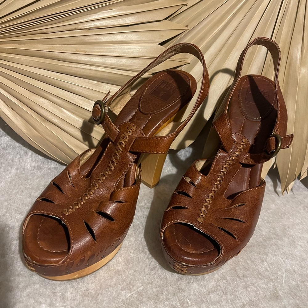 Frye Brown Leather Platform Sandals - Picture 2 of 5